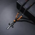 Men's retro Ankh pendant necklace with natural black lava stone and wooden beads accents - Wood Bead Cross Style / Black and Brown