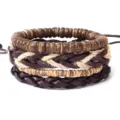 Ensemble de 4 bracelets vintage ajustables en cuir tressé et perles de bois naturel - Ensemble de Quatre Pièces en Cuir Tissé et Perles de Bois (Style 2)