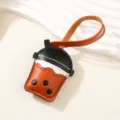 Cute boba tea cup PU leather keychain bag charm in brown and black leather strap - Milk Tea Cup