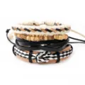 Ensemble de bracelets rétro en cuir tressé avec perles de bois et cordon réglable - Combinaison Vintage Cuir Bois Corde de Cire (QNW4072)