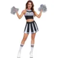 Sexy cheerleader costume set with crop top, pleated skirt, and pom poms for stage performance. - S / Set / With Pom Poms and Socks / Black