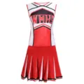 Vue détaillée du haut de pom-pom girl rouge et blanc et de la jupe plissée, costume de sport. - S / Haut et Bas / Rouge (Sans Pompons)