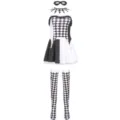 Black and white harlequin costume set with dress mask choker and stockings for party. - One Size / Set