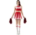Red and white cheerleader costume set featuring a cropped top, pleated skirt, and pom-poms. - S / Top And Bottom / Red With Pom Poms And Socks / Red
