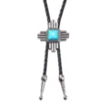 Corbata Bolo Cowboy Retro con Piedra Turquesa y Cordón de Cuero Negro Trenzado Chic - Cuerda negra y cruz de plata