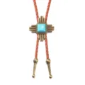 Collar Bolo Tie Western vintage con turquesa cuadrada y cordón de cuero trenzado marrón - Cuerda marrón y cruz de cobre