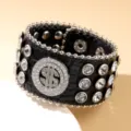 Hip-hop black leather bracelet with clear rhinestones and silver-toned dollar sign charm - Style 8