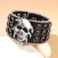 Gothic punk black leather cuff bracelet with silver skull and black rhinestones - Style 2
