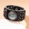 Gothic punk black crocodile leather cuff bracelet with turquoise stone and black gems - Style 3