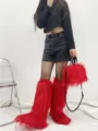 Ensemble de bottes hautes et sac à main assortis en fausse fourrure rouge style punk Y2K. - Ensemble Rouge