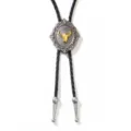 Vintage-Western-Bolo-Krawatte mit goldenem Stierkopf-Emblem auf einer silbernen Legierung - Antik Silber Gold Stier (Schwarzes Seil) / Schwarz