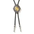 Vintage Bolo tie met gouden paardenhoofd op zilveren medaillon en gevlochten koord - Zwart koord met antieke zilveren paard