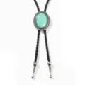 Vintage Western Bolo Tie with turquoise stone and black braided leather cord in silver finish - Green Gemstone Style