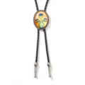 Vintage western cowboy bolo tie featuring a yellow floral pendant on a black leather cord - Flower / Black Rope Antique Silver