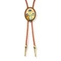 Western cowboy bolo tie with yellow floral pattern pendant and brown leather cord - Flower / Brown Rope & Antique Bronze