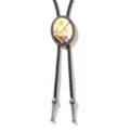 Western bolo tie featuring a vintage illustration of a frog playing a guitar on a black cord - Frog / Black Rope Antique Silver