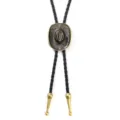 Vintage western bolo tie for men featuring a bronze cowboy hat centerpiece and black cord. - Black Cord Antique Bronze 1235