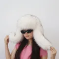 White plush faux raccoon fur ushanka ski hat with exaggerated Y2K style for winter - White