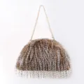 Large faux fur cloud clutch bag with metallic feather strands and gold chain strap accessory. - Brown Feather