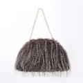 Brown faux fur cloud bag with feather details and gold chain strap - Dark Coffee Feathers