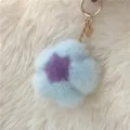 Elegant soft mink fur flower keychain in light blue and purple with a gold heart charm - Heart Version Hardware - Blue & Purple