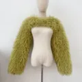 Shaggy lime green faux Mongolian lamb fur cropped shrug sleeves for women - M / Olive Green