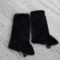 Y2K subculture black faux fur leg warmers with elastic stirrup for winter style - Black