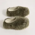 Detailed view of green furry monster claw slippers featuring silver claw decorations - 36-37 (US 5-6) / Army Green