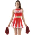 Red white cheerleading costume crop top pleated skirt set stage performance outfit - S / Top And Bottom / Includes Pom Poms / Red