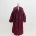 Long burgundy faux Mongolian lamb fur winter coat with a stylish lapel collar for women. - S / Burgundy