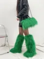 Punk style vibrant green faux fur handbag and matching knee-high boots set worn by model - 36 / Emerald Green Set
