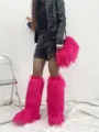 Bottes hautes en fausse fourrure rose vif avec sac à main assorti dans un style punk - Ensemble Zirconium Rose Rouge