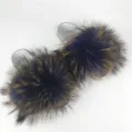Elegant silver PVC flat slippers decorated with fluffy premium natural raccoon fur - Royal Blue with Orange Tips