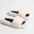 Stylish white faux fur slippers with black footbed for women, Y2K punk style home shoes. - 38 / White