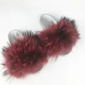 Silver PVC slide sandals featuring oversized burgundy fluffy faux fur straps for women - Dark Red