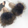 Stylish golden PVC sole slides with fluffy raccoon fur pom-poms for summer fashion wear - Royal Blue with Orange Tips
