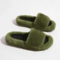 Punk Y2K style olive green faux mink fur slippers with comfortable PVC sole - 38 / Green