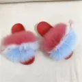 Ciabatte in pelliccia sintetica bicolore rosa e blu con suola in PVC rosso antiscivolo - L Rosso anguria e blu chiaro