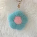 Soft plush mink fur flower keychain bag charm in light blue and pink pastel shades - Heart Version Hardware - Green & Pink