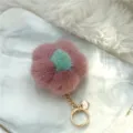 Mink fur flower bag charm keychain in pink and green with gold heart pendant - Smiley Version Hardware - Dusty Rose & Green