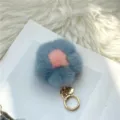 Elegant soft blue and pink flower mink fur keychain accessory with gold heart charm - Heart Version Hardware - Blue, Grey & Pink