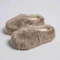 Close-up detail of fluffy faux fur mules featuring stylish thick platform soles and taupe color - 36-37 (US 5-6) / Camel