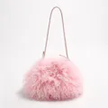 Pink faux mongolian lamb fur cloud bag with slender shoulder strap - Hot Pink