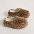 Close-up view of brown hairy animal claw slippers featuring metallic nails and thick soles - 36-37 (US 5-6) / Tan