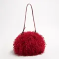 Deep red fuzzy faux shearling cloud bag with leather shoulder strap for women - Red