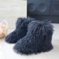 Bottes de neige noires élégantes en fausse fourrure de mouton pour enfants texture chaude - Noir