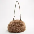 Elegant faux lamb wool fluffy cloud bag with a slender leather strap in tan brown color - Mocha Brown