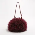 Burgundy curly faux fur cloud bag with thin strap for elegant underarm or clutch use - Burgundy