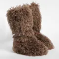 Punk style deep brown faux lamb hair flat snow boots featuring decorative rivet leather straps - 36 / Cocoa Brown (Flat Lace-Up 40cm)