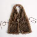 Sexy brown Mongolian faux fur halter top featuring cross pendant and backless ribbon ties - One Size / Khaki